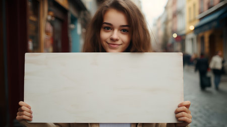 Beautiful young woman holding a blank board in the city street.の素材