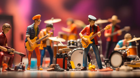 Miniature people : Musicians playing musical instruments on stage, Music festival concept.の素材