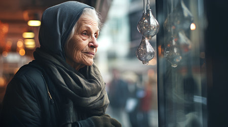 Elderly woman looking through a window at the street in the eveningの素材