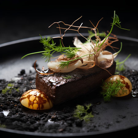 Grilled beef tongue with onion and dill on a black plateの素材