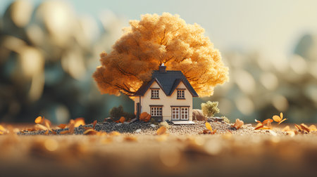 3d rendering of a little house in the autumn season with yellow leavesの素材