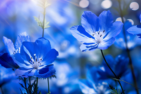 Beautiful blue anemone flowers on the background of blue skyの素材