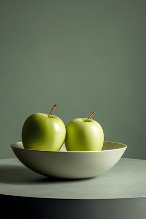 Green apples in a white plate on a dark background. Copy spaceの素材