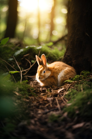 Cute red rabbit in the forest. Easter bunny in the nature.の素材
