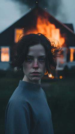 Portrait of a girl in the background of a burning house.の素材