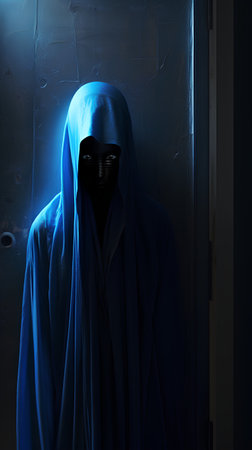 Hooded man in dark room, 3d rendering. Computer digital drawing.の素材