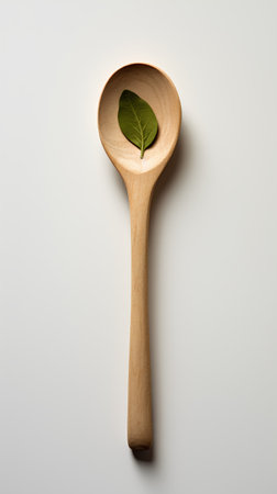 Wooden spoon with green leaf on white background, top view.の素材