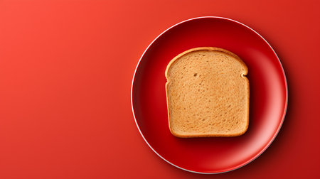 Slice of toast bread on red plate isolated on red background.の素材