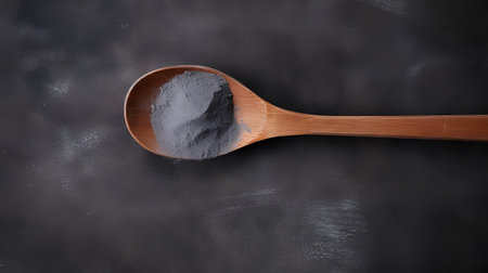 Black sesame powder in wooden spoon on black background. Top view.の素材