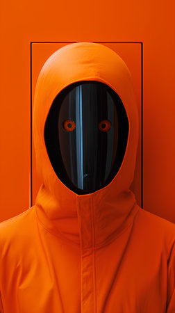 Hooded man in a protective helmet on an orange background. 3d renderingの素材