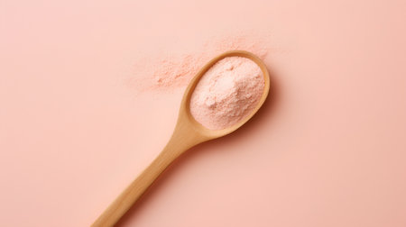 Top view of wooden spoon with pink protein powder on pink background.の素材
