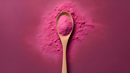 A wooden spoon full of pink holi powder on a pink backgroundの素材