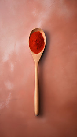Paprika powder in a wooden spoon on a brown leather backgroundの素材