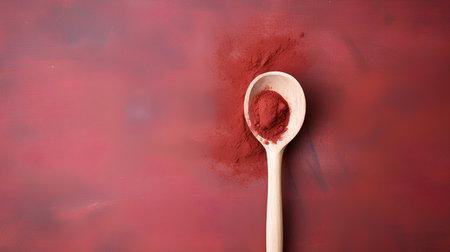 Top view of wooden spoon with paprika powder on red leather backgroundの素材