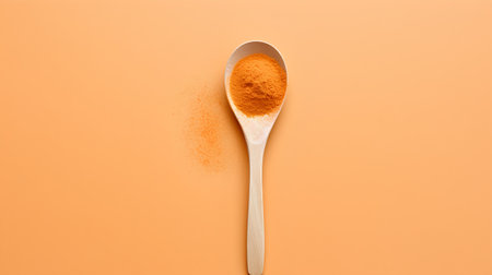 Turmeric powder in wooden spoon on orange background. Top view.の素材