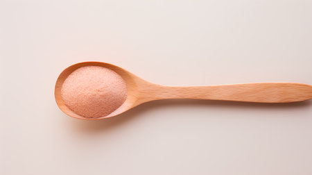 Pink granulated sugar in a wooden spoon on a pink background.の素材