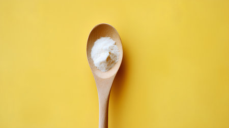 Sugar in wooden spoon on yellow background. Flat lay, top view.の素材