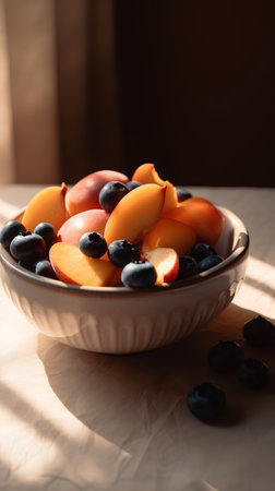 Fresh fruit salad with peaches, blueberries and apricots in a bowl on a light backgroundの素材