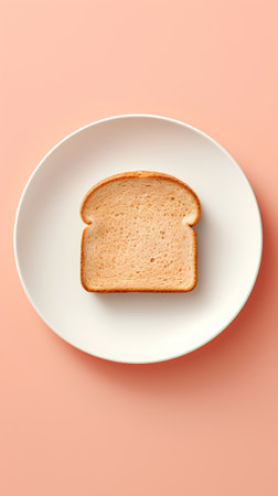 Plate with slice of bread on orange background. Top view.の素材