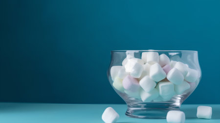 Marshmallows in a glass vase on a blue background.の素材