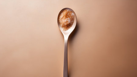Spoon with brown sugar on a beige background, top viewの素材