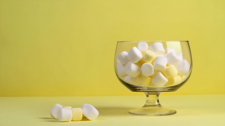 White marshmallows in a glass bowl on a yellow background.の素材