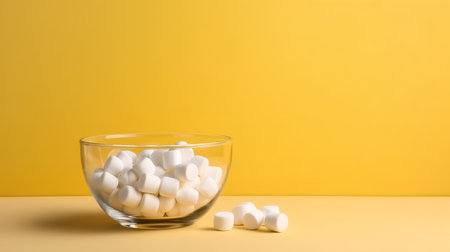 White marshmallows in a glass bowl on a yellow background.の素材