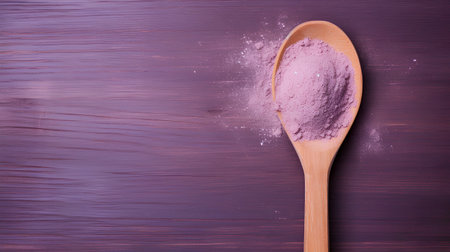 Wooden spoon with protein powder on purple wooden background, top viewの素材