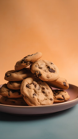 Chocolate chip cookies on a plate on a yellow-blue backgroundの素材