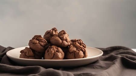 Chocolate truffles on a plate on a gray background.の素材