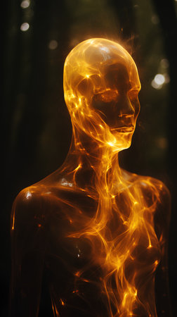 3d illustration of a human head made of glowing fire and smokeの素材