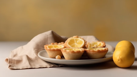 Lemon tartlets on a plate with lemons in the backgroundの素材
