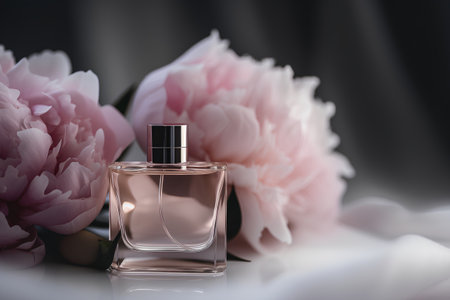 Perfume bottle and peony flowers on a black background.の素材