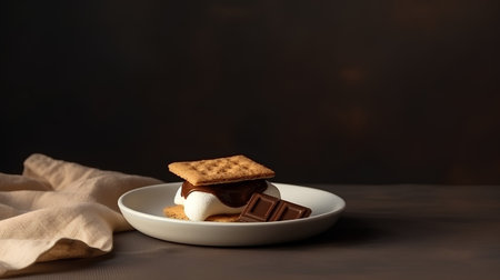 Chocolate wafers with marshmallow on a plate on a dark backgroundの素材
