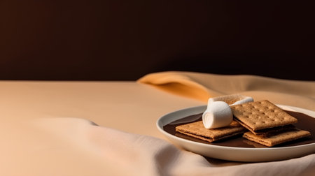 chocolate cake with marshmallow on a plate on a brown backgroundの素材