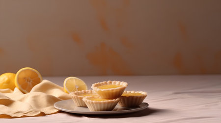 Lemon tartlets on a plate with yellow napkin and orange backgroundの素材