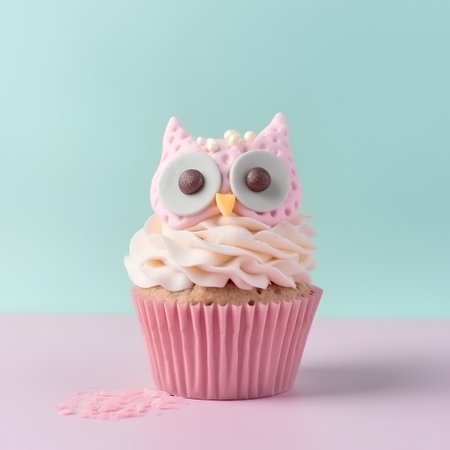 Cute owl cupcake with pink frosting on pastel backgroundの素材
