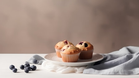 Blueberry muffins on a white plate with blueberries on a light backgroundの素材