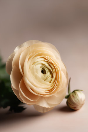 Beautiful ranunculus flower on beige background. Closeup.の素材