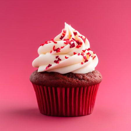 Cupcake with cream frosting and red heart on pink backgroundの素材