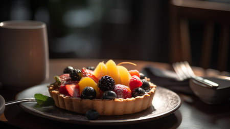Fruit tart with berries on a wooden table. Selective focus.の素材