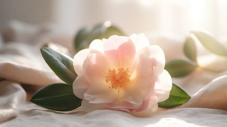 Camellia flower on soft bedding, selective focus.の素材