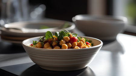Chickpeas salad in a bowl on a dark background.の素材