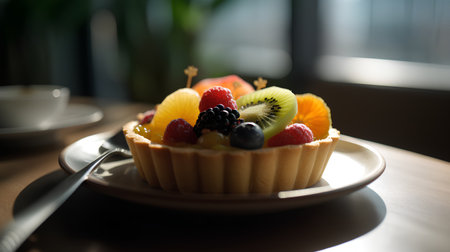 Tartlets with berries and fruits on the table. Selective focus.の素材