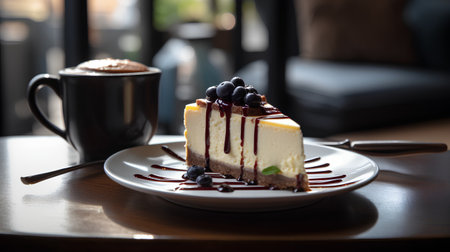 Cheesecake with blueberries and chocolate sauce on a wooden tableの素材