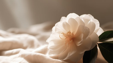 Beautiful white peony flower on a soft blanket. Selective focus.の素材
