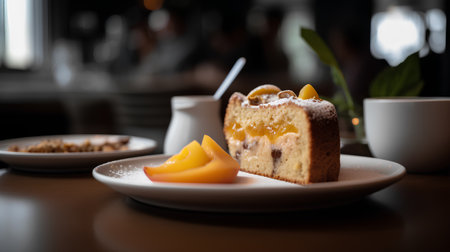 Piece of cake with peach and cup of coffee on wooden tableの素材