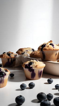 Blueberry muffins on a white background with space for text.の素材