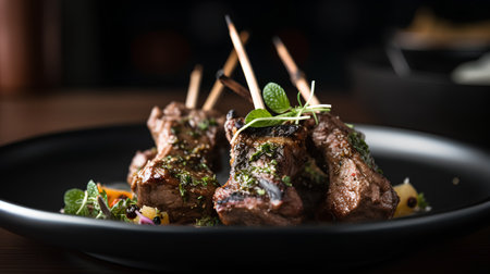 Grilled lamb ribs with vegetables and herbs on a black plate.の素材