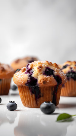Blueberry muffins on a white background. Selective focus.の素材